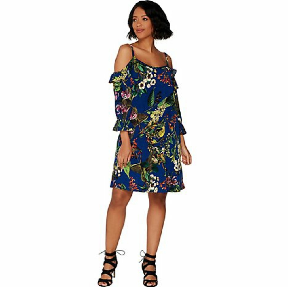 Dujour v neck cold shoulder dress Aqua print